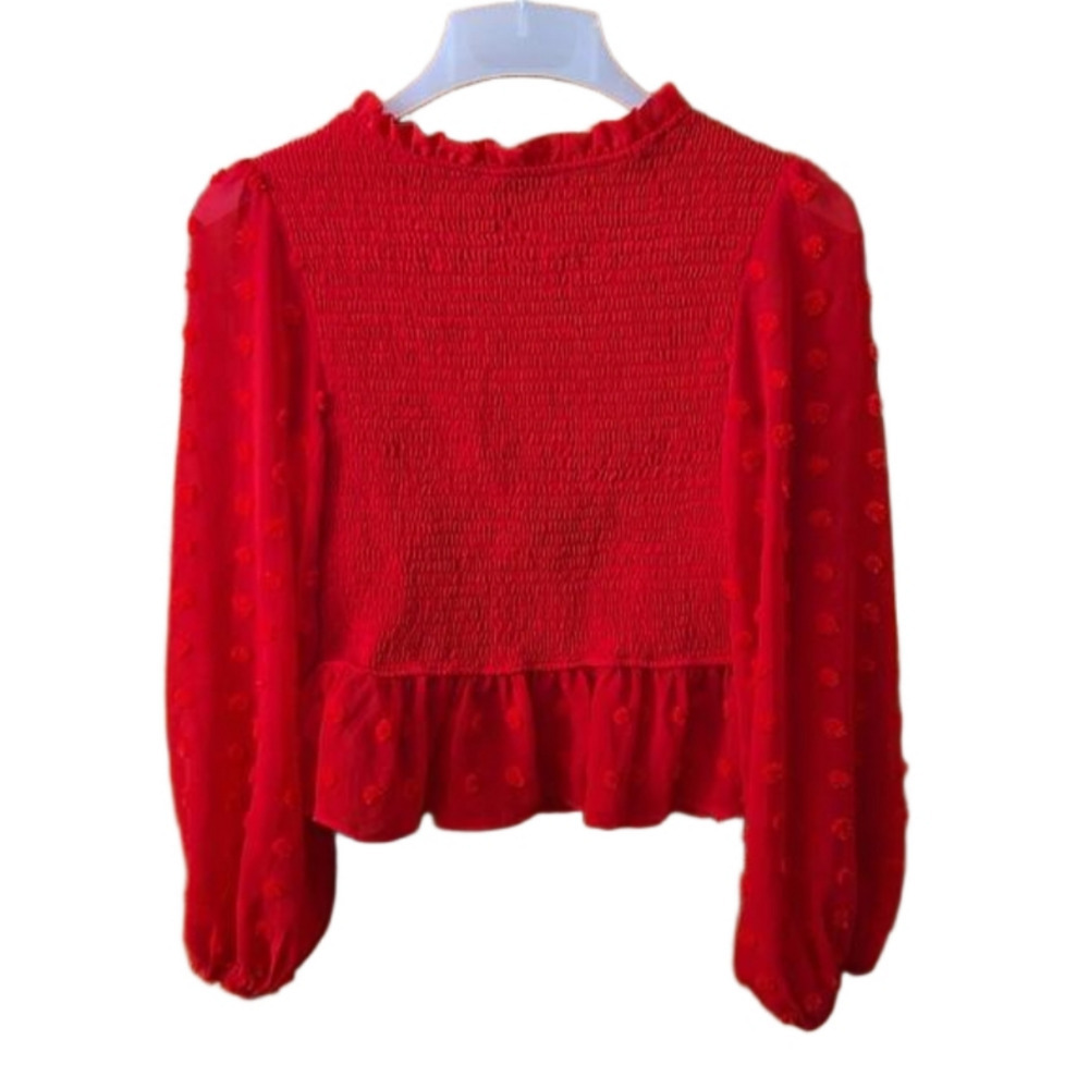 She + Sky Red Stretch Crop Top Semi Sheer Puff Sleeves w/ Popcorn Bumps Size S - Picture 5 of 10